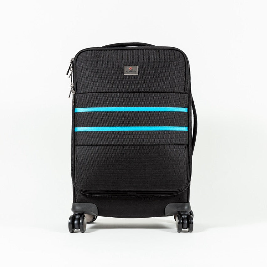 Front view of the black Flipside Carry-On with Ryan Blue stripes