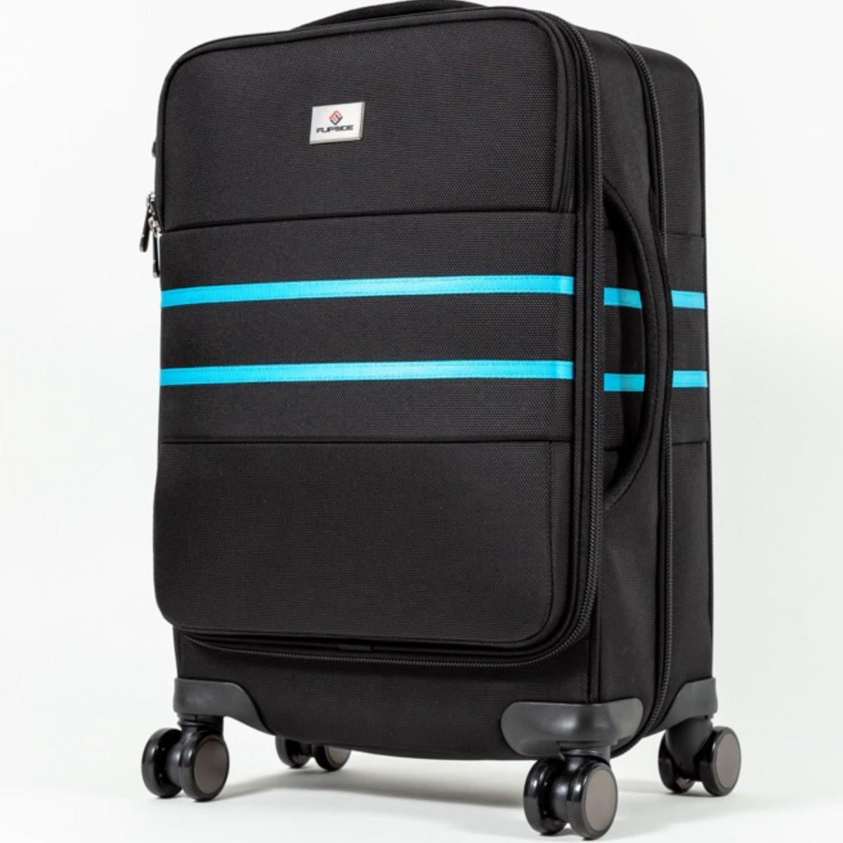 Close product view of the dense black woven nylon and twin blue stripes on a Flipside suitcase